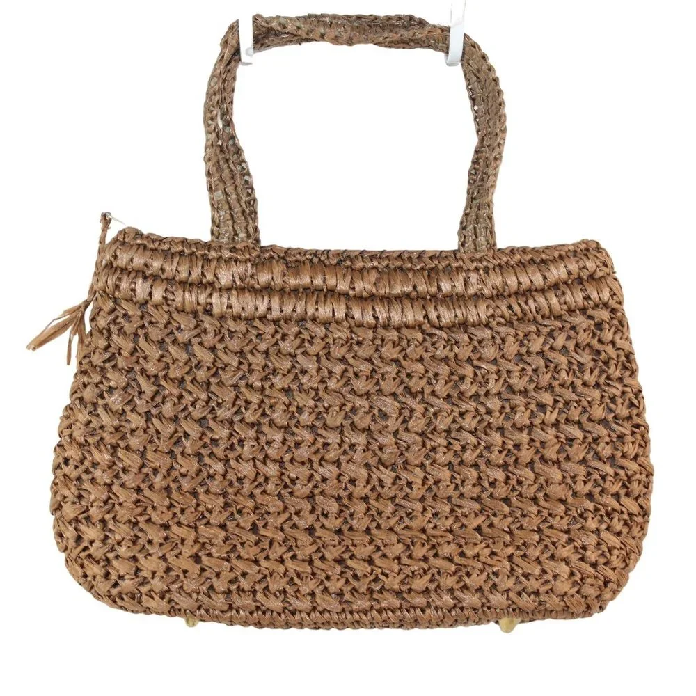 Vintage 1970's Raffia Straw Crochet Floral Embellishments Double Handled Purse - Picture 2 of 16